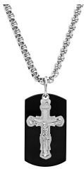 Stainless Steel Sandblast Crucifix And Black Ip Dog Tag Pendant Necklace