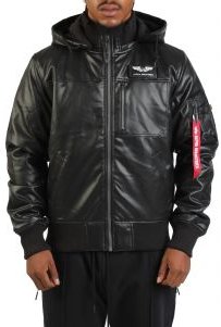 Faux Leather Hooded Rib Flight Jacket 