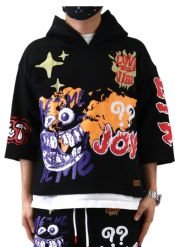 TROY French Terry 3/4 Sleeve Crop Top Pullover Hoodie