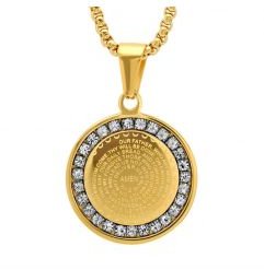 Our Father Prayer Round Pendant With Simulated Diamonds