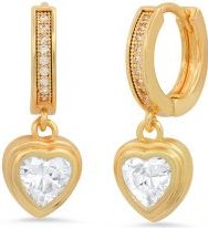 Steeltime Unisex Iced Out Huggie Charm Pendant Brass Earrings with Simulated Diamonds Jewelry Gift (Heart / 18K Gold Plated)