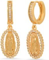 Steeltime Unisex Iced Out Huggie Charm Pendant Brass Earrings with Simulated Diamonds Jewelry Gift (Virgin Mary)
