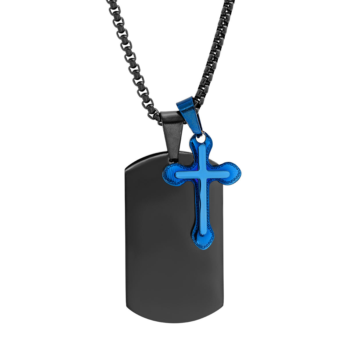 Two Tone Black And Blue Ip Stainless Steel Cross/Dog Tag Pendant