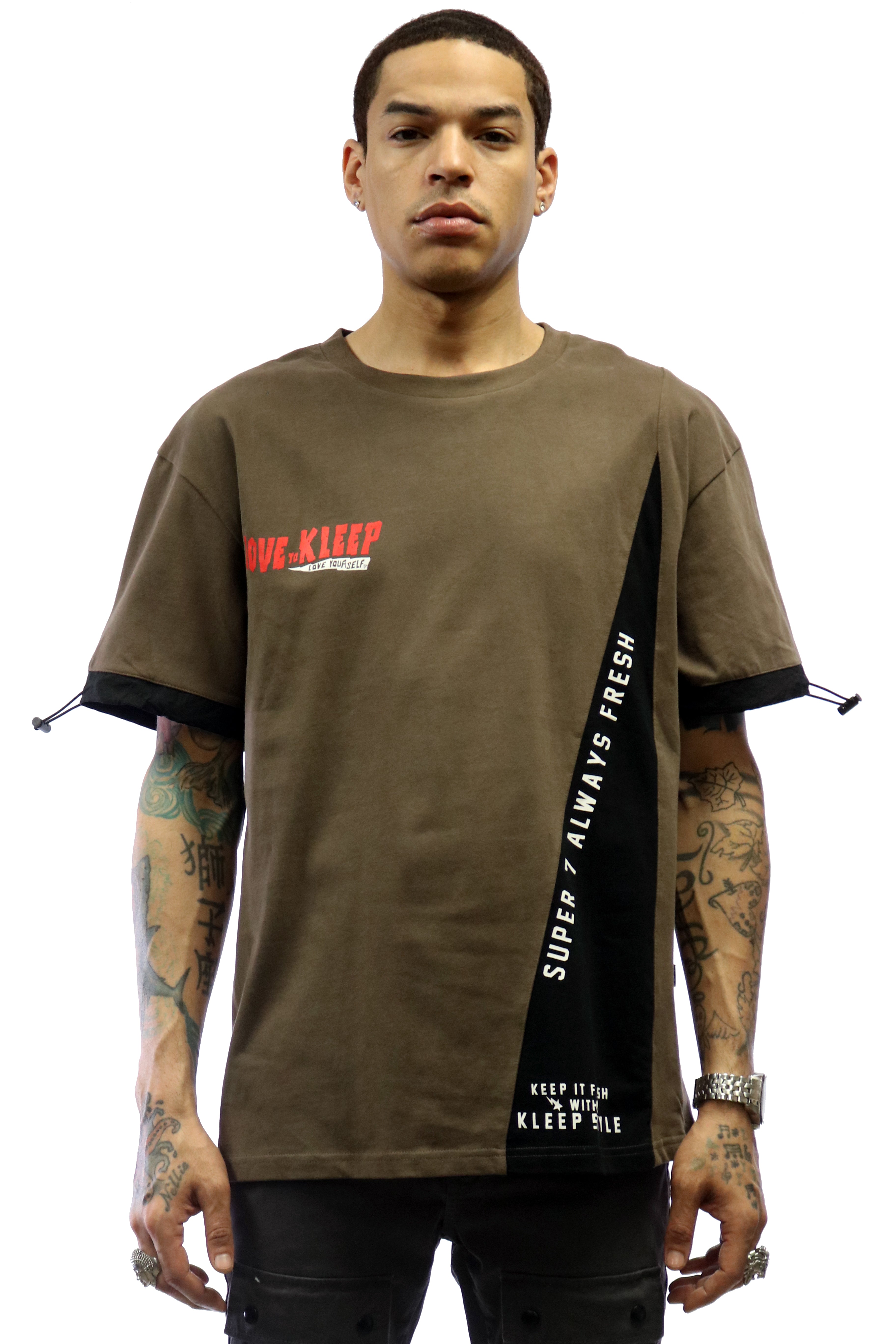 NARK Men's graphic print with cut&sew brown cotton short sleeve tee