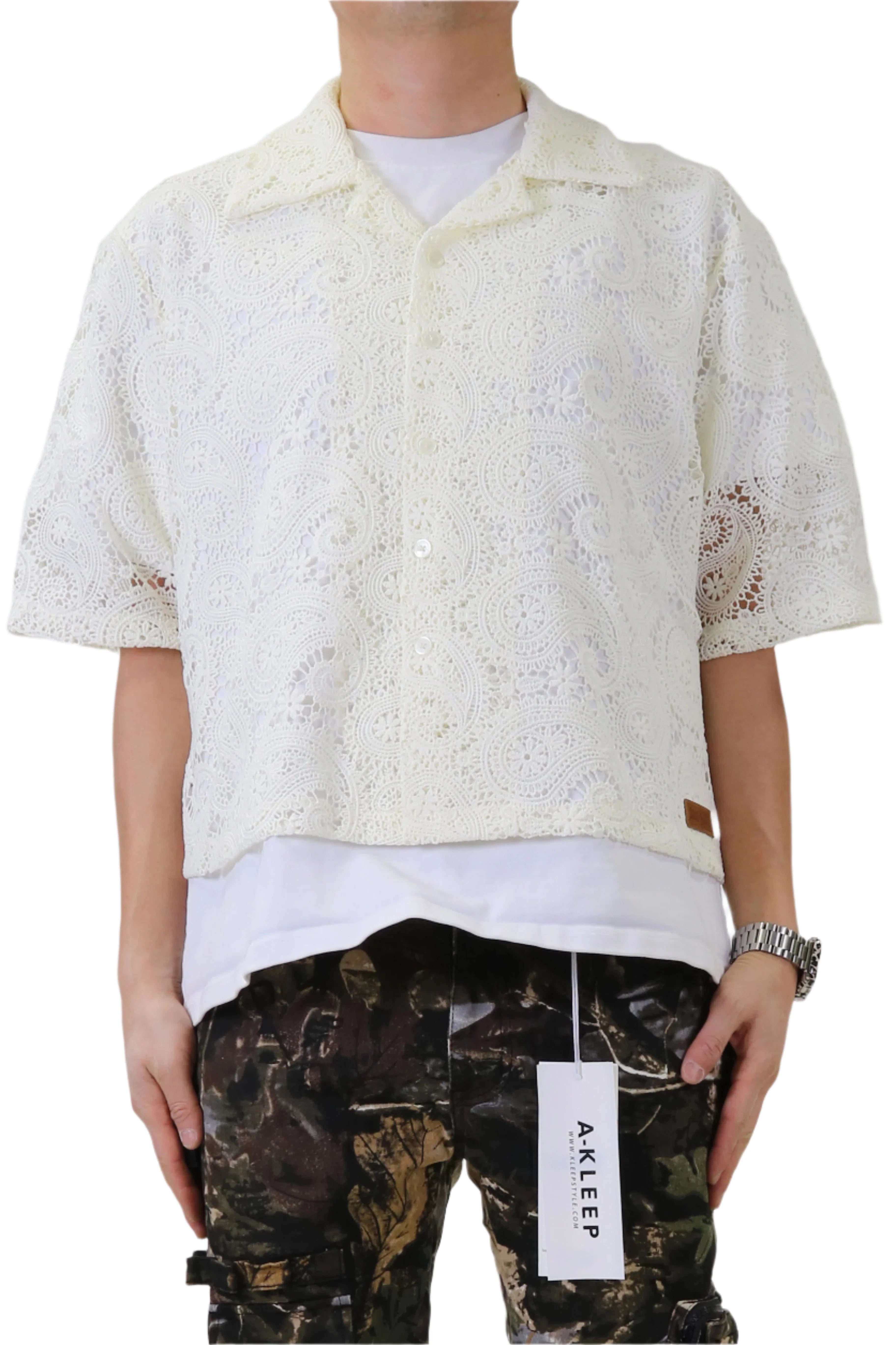 DEEZ Paisley Mesh Crop Top Short Sleeve Buttondown Shirt