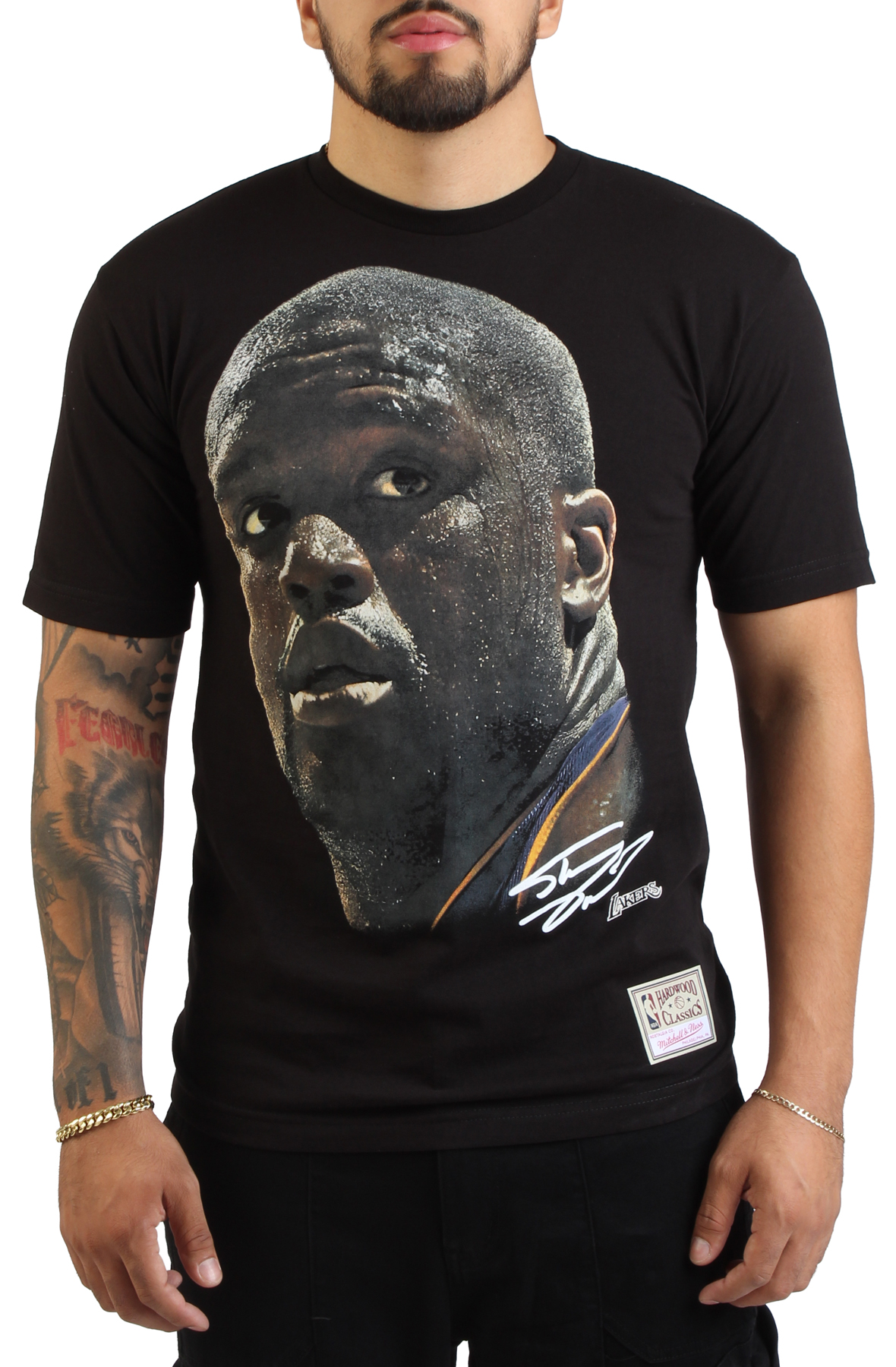 Shaquille O'Neal Los Angeles Lakers Black Hardwood Classics Real Big Face Player T-Shirt
