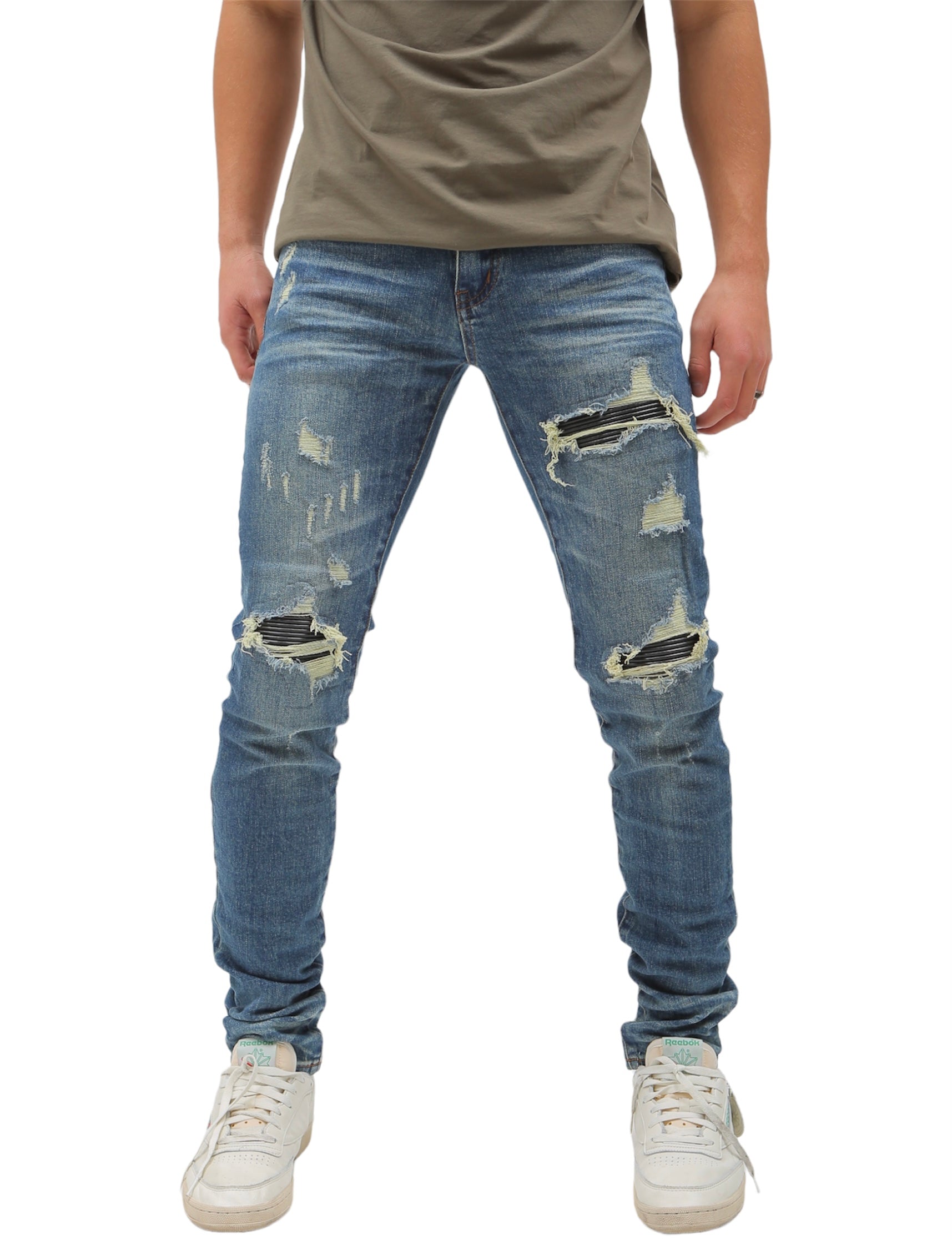 Heavy Distressed Blue Washed Skinny Denim W/ Black Leather