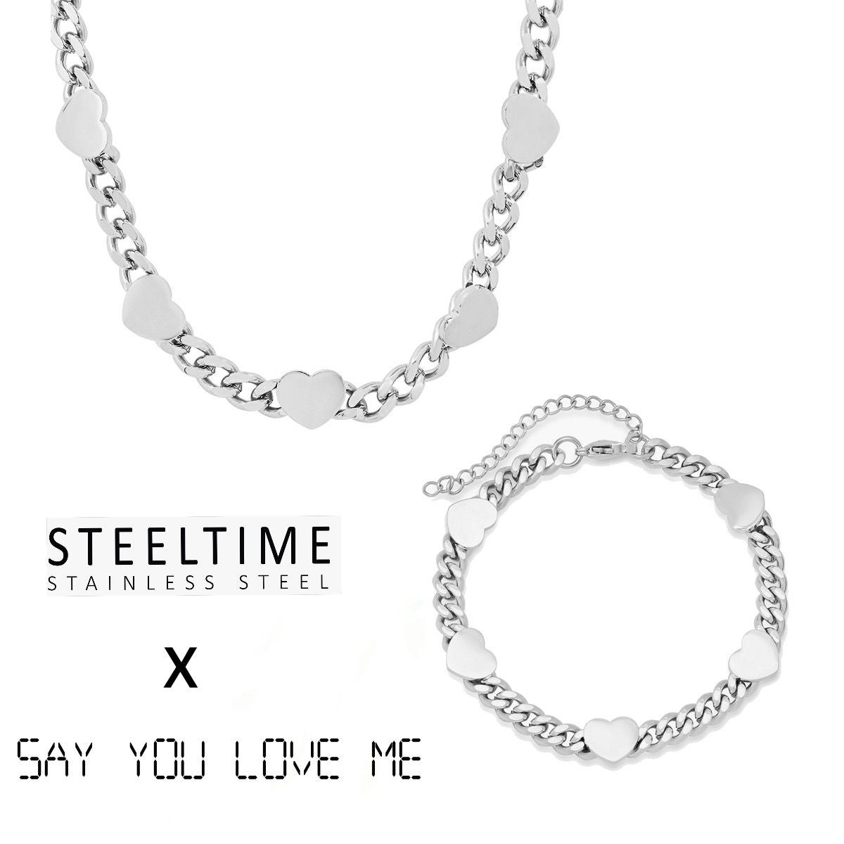 SYLM x SteeltimeNYC Cuban Link Hearts Necklace + Bracelet Set