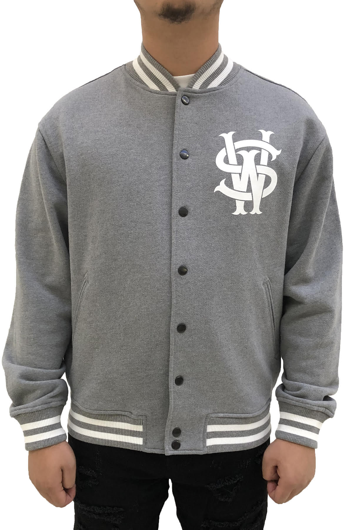 Stay Winning Original Logo/Script Gray/White Varsity Jacket